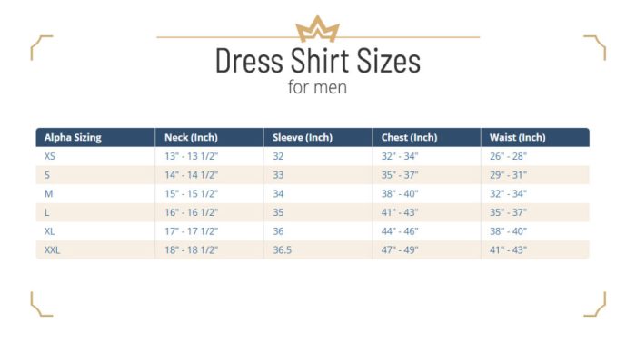 Women's dress shirt size chart